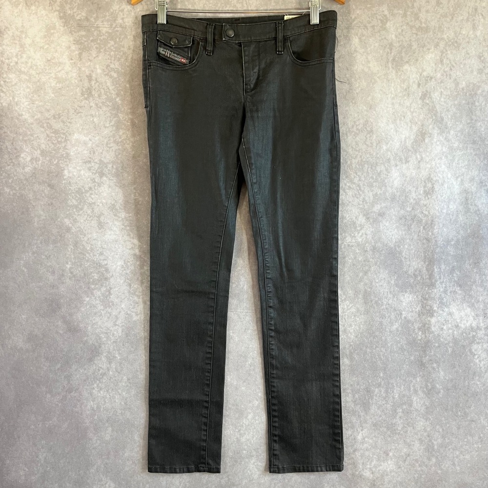 Diesel Livy-Biker Jeans Womens 30 Black Coated Waxed Slim Stretch Moto 0065Q